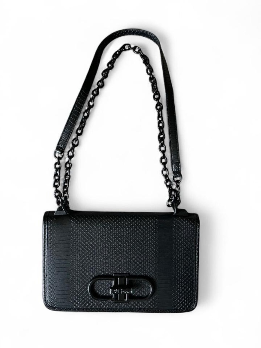 Black Textured Chain-Strap Shoulder Bag
